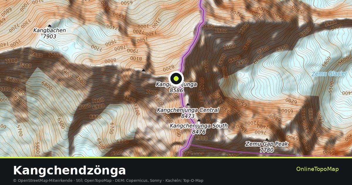 Topographische Karte von Kangchendzönga mit Höhenlinien und Geländeschattierung