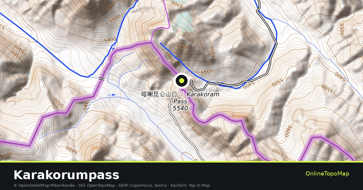 Topographische Karte von Karakorumpass mit Höhenlinien und Geländeschattierung