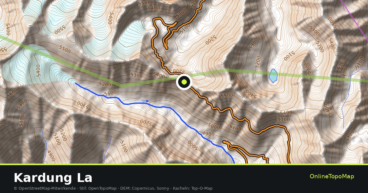 Topographische Karte von Kardung La mit Höhenlinien und Geländeschattierung