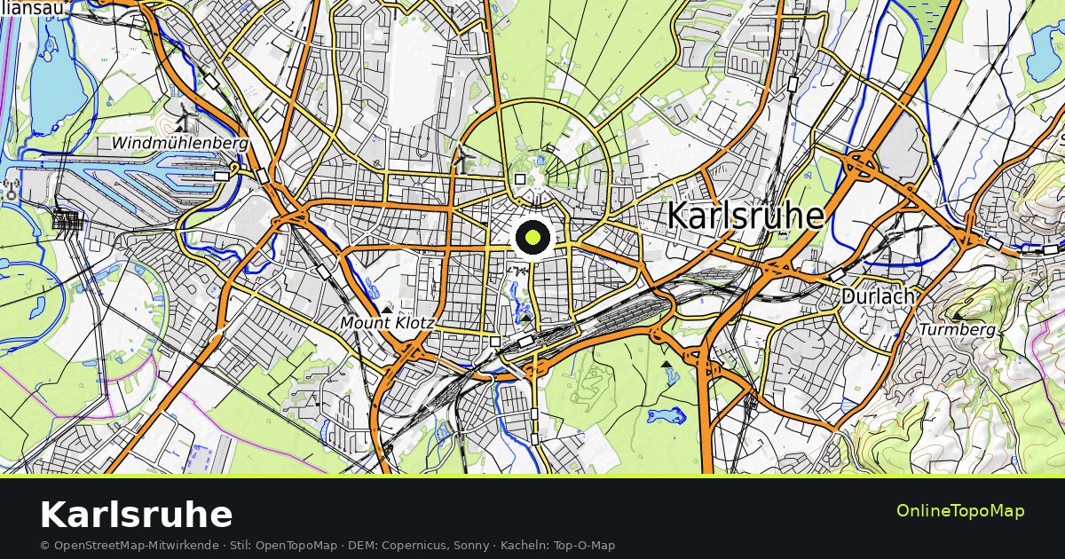 Topographische Karte von Karlsruhe mit Höhenlinien und Geländeschattierung