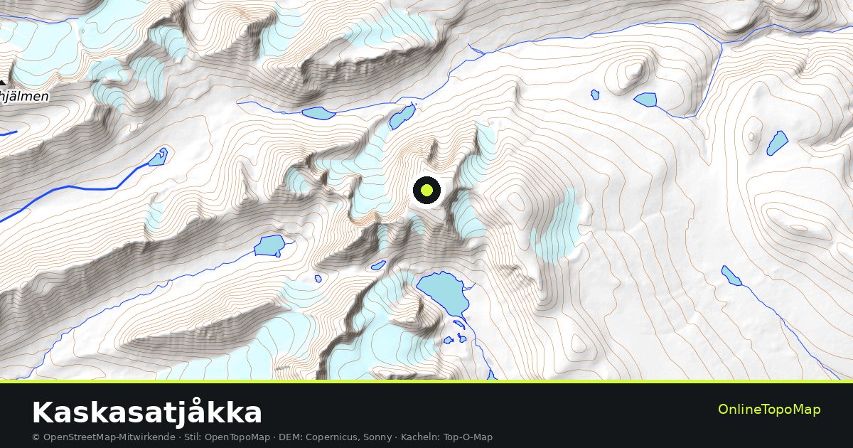 Topographische Karte von Kaskasatjåkka mit Höhenlinien und Geländeschattierung