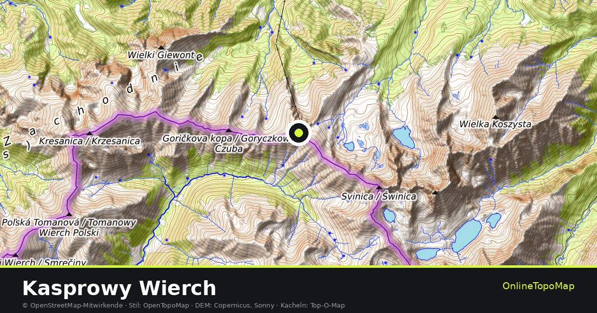 Topographische Karte von Kasprowy Wierch mit Höhenlinien und Geländeschattierung