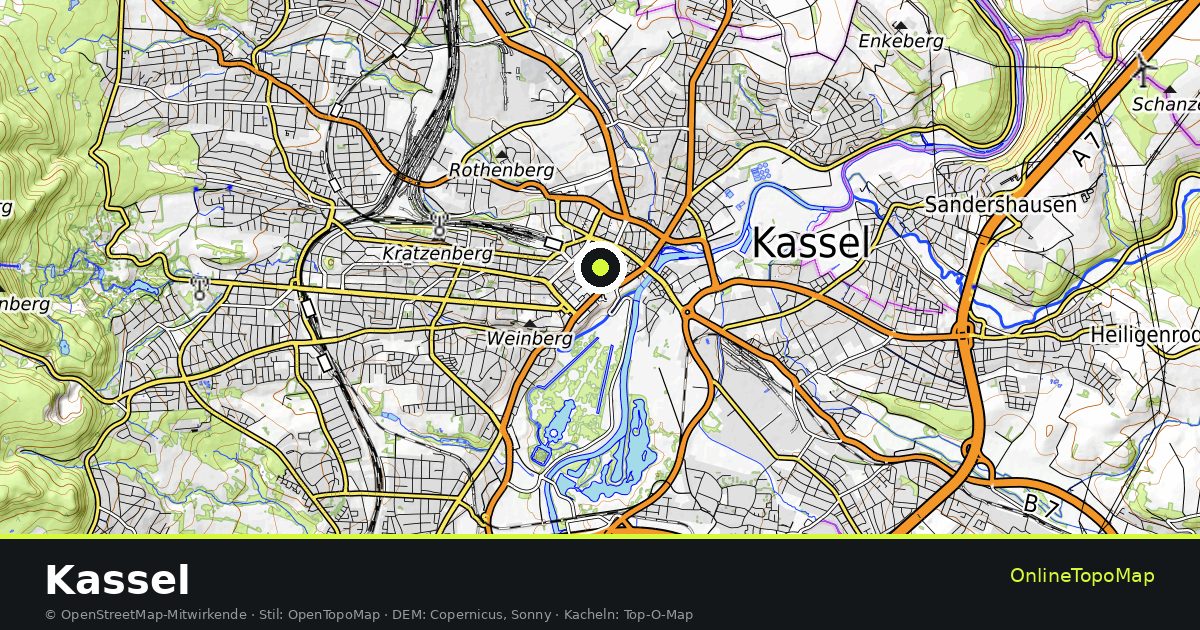 Topographische Karte von Kassel mit Höhenlinien und Geländeschattierung