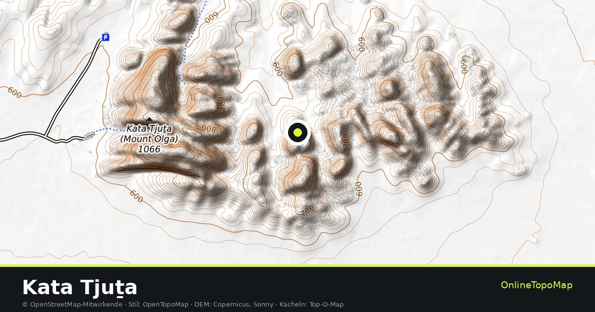 Topographische Karte von Kata Tjuṯa mit Höhenlinien und Geländeschattierung