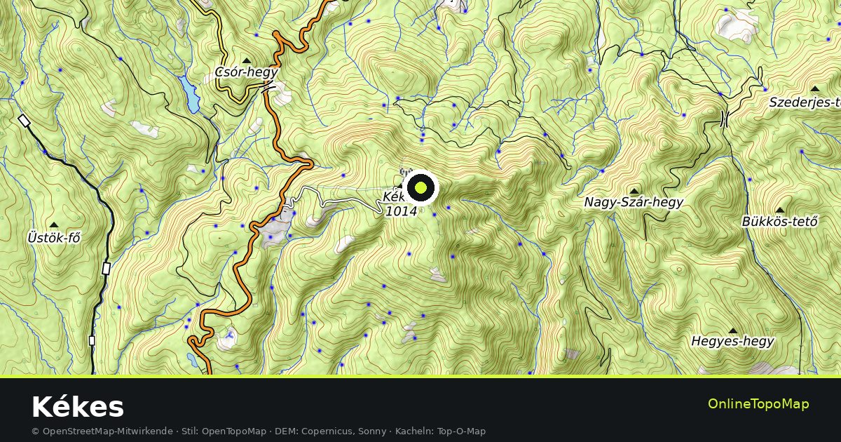 Topographische Karte von Kékes mit Höhenlinien und Geländeschattierung
