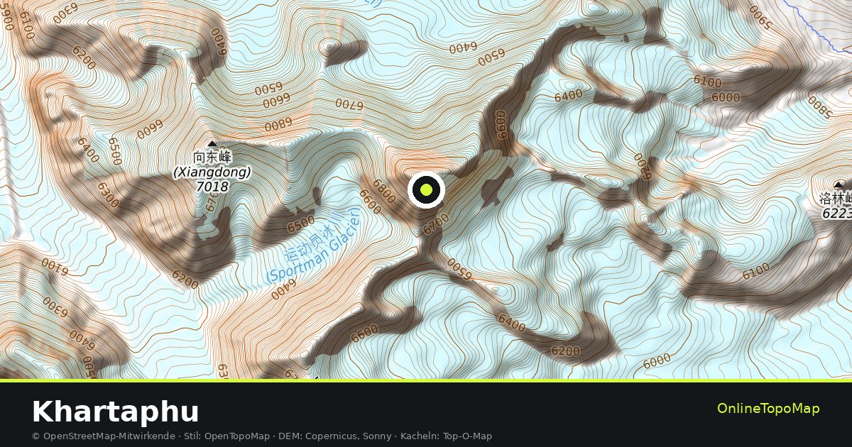 Topographische Karte von Khartaphu mit Höhenlinien und Geländeschattierung