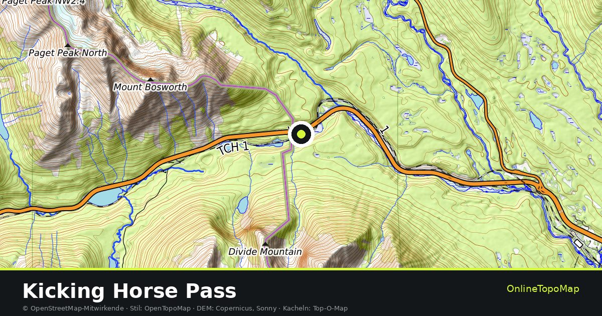 Topographische Karte von Kicking Horse Pass mit Höhenlinien und Geländeschattierung