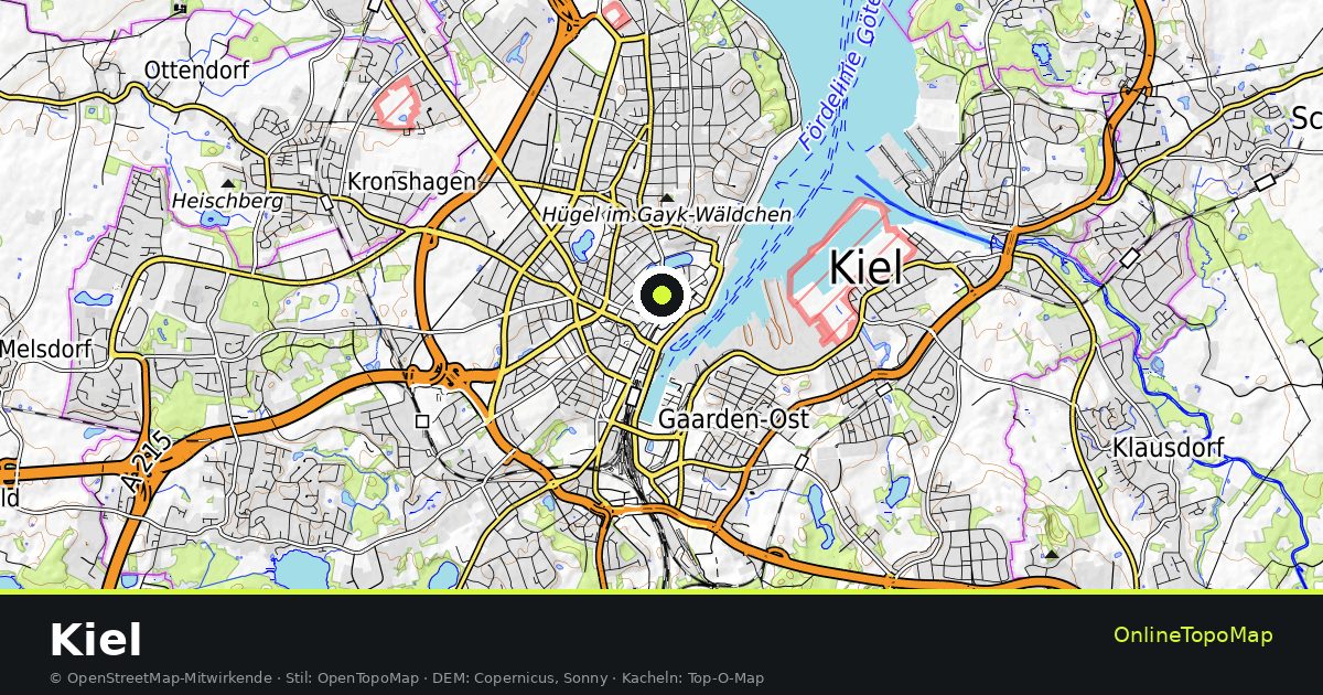 Topographische Karte von Kiel mit Höhenlinien und Geländeschattierung