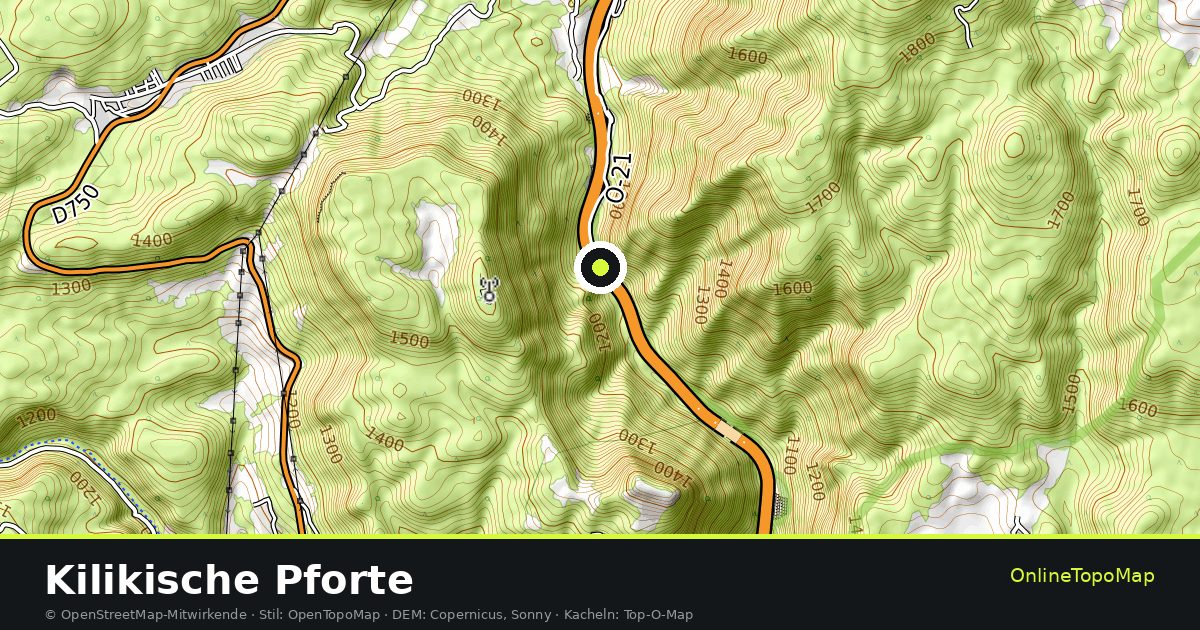 Topographische Karte von Kilikische Pforte mit Höhenlinien und Geländeschattierung