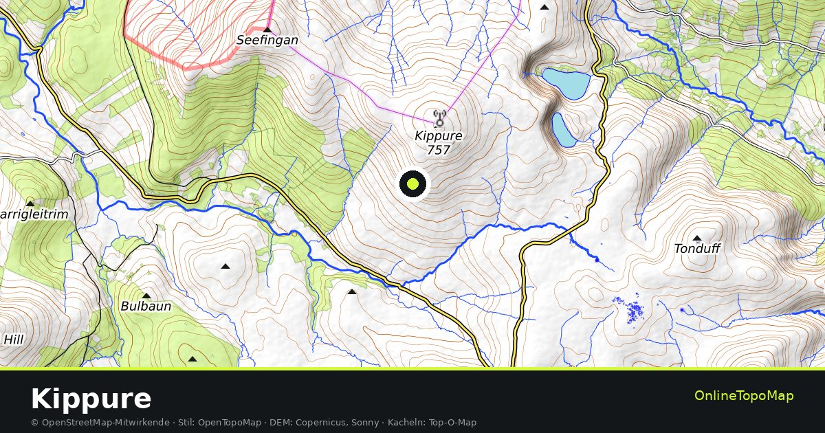 Topographische Karte von Kippure mit Höhenlinien und Geländeschattierung
