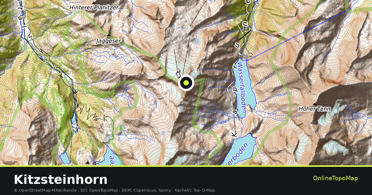 Topographische Karte von Kitzsteinhorn mit Höhenlinien und Geländeschattierung