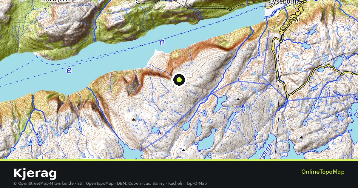 Topographische Karte von Kjerag mit Höhenlinien und Geländeschattierung