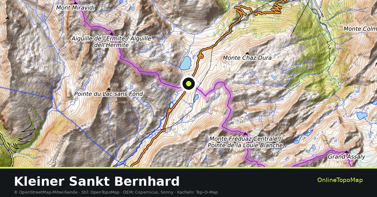 Topographische Karte von Kleiner Sankt Bernhard mit Höhenlinien und Geländeschattierung