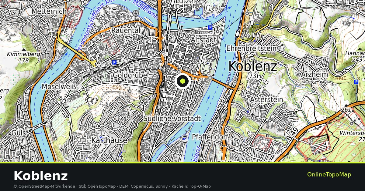Topographische Karte von Koblenz mit Höhenlinien und Geländeschattierung