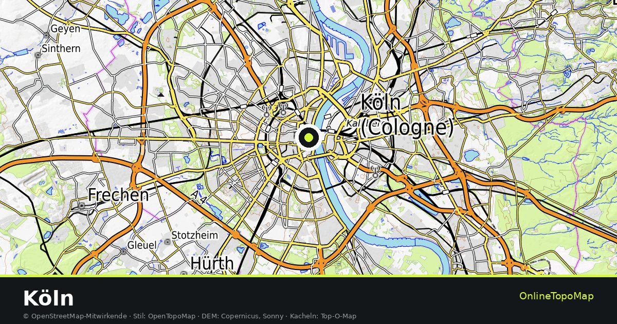 Topographische Karte von Köln mit Höhenlinien und Geländeschattierung