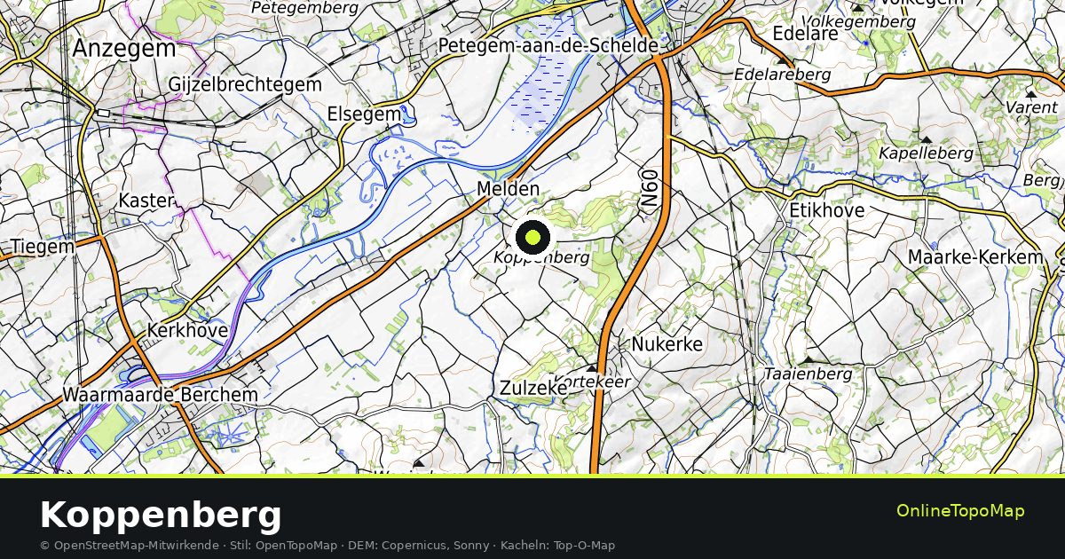 Topographische Karte von Koppenberg mit Höhenlinien und Geländeschattierung
