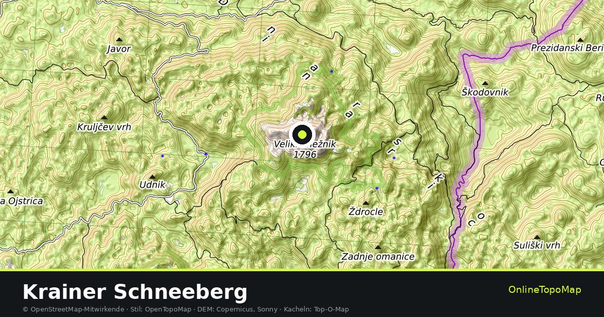 Topographische Karte von Krainer Schneeberg mit Höhenlinien und Geländeschattierung