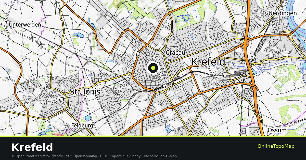 Topographische Karte von Krefeld mit Höhenlinien und Geländeschattierung