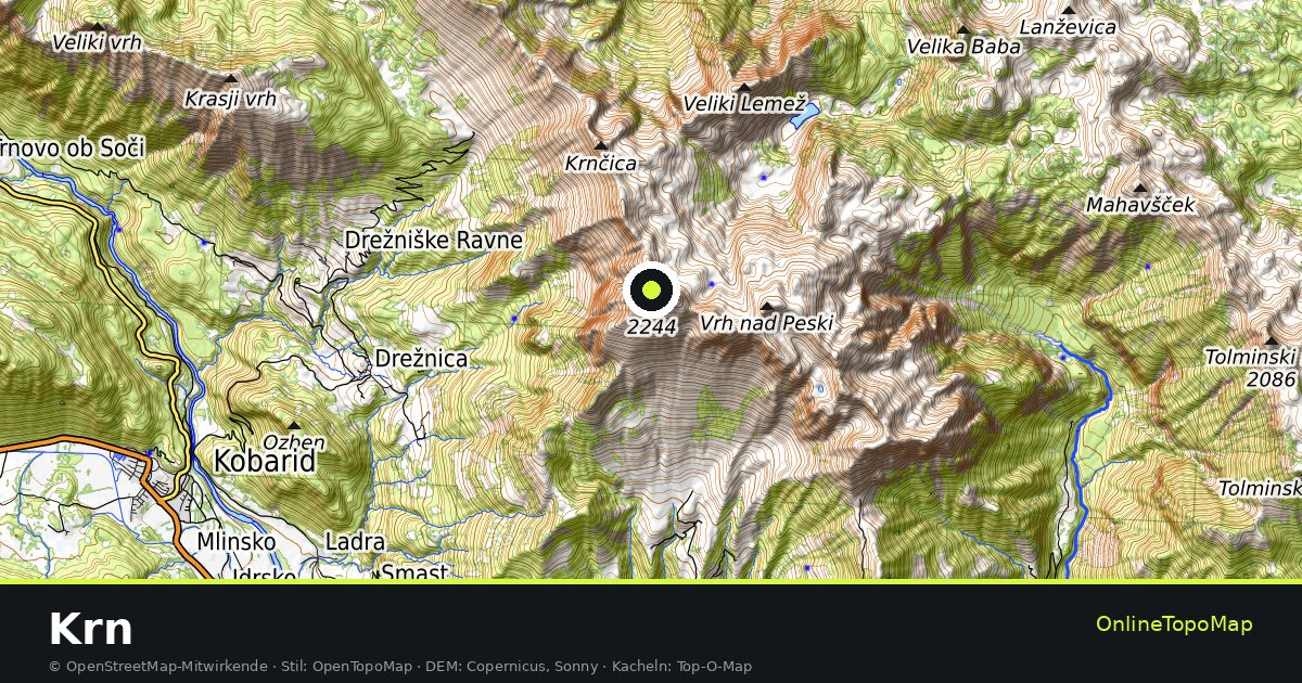 Topographische Karte von Krn mit Höhenlinien und Geländeschattierung