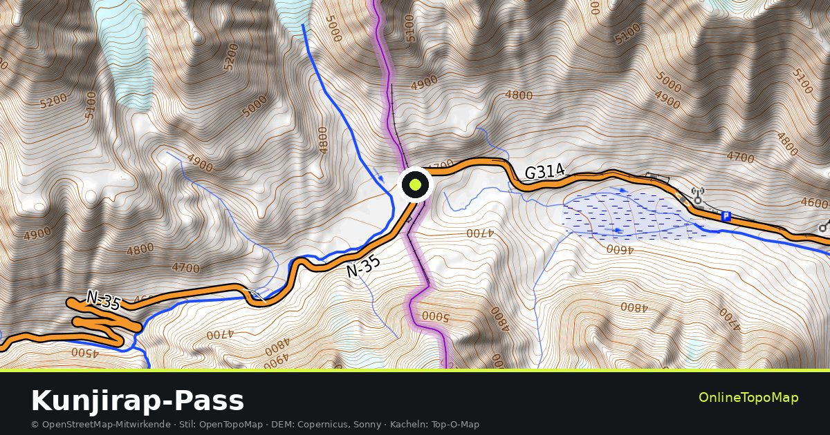 Topographische Karte von Kunjirap-Pass mit Höhenlinien und Geländeschattierung