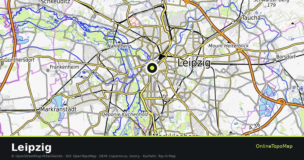 Topographische Karte von Leipzig mit Höhenlinien und Geländeschattierung