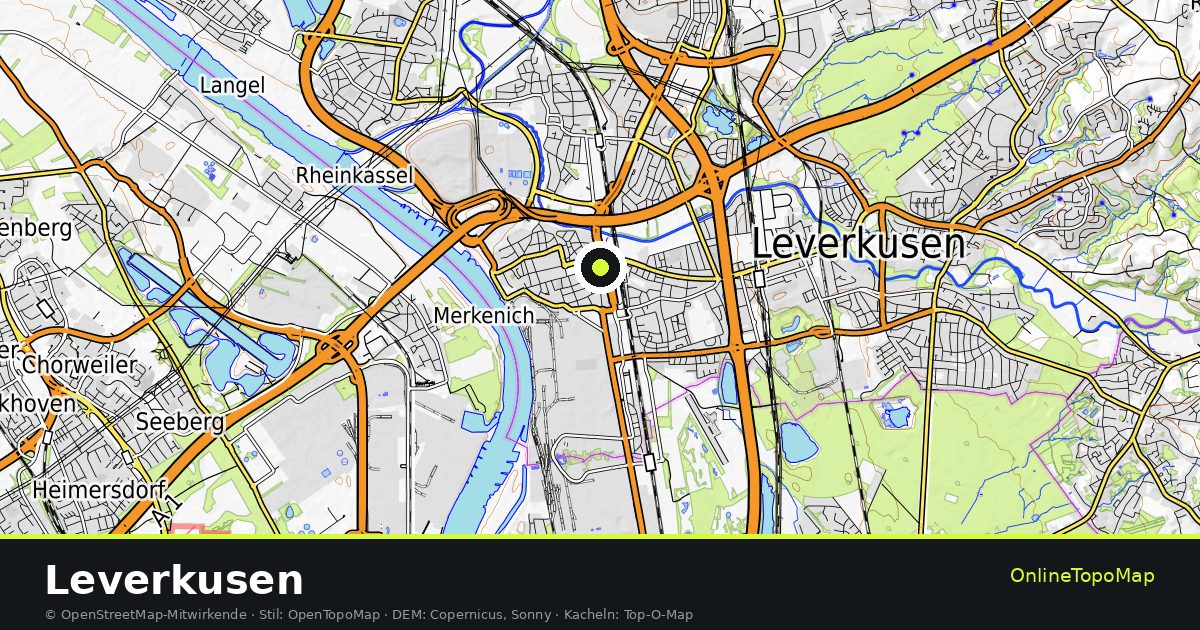 Topographische Karte von Leverkusen mit Höhenlinien und Geländeschattierung
