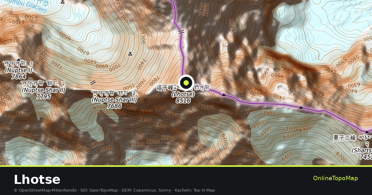 Topographische Karte von Lhotse mit Höhenlinien und Geländeschattierung