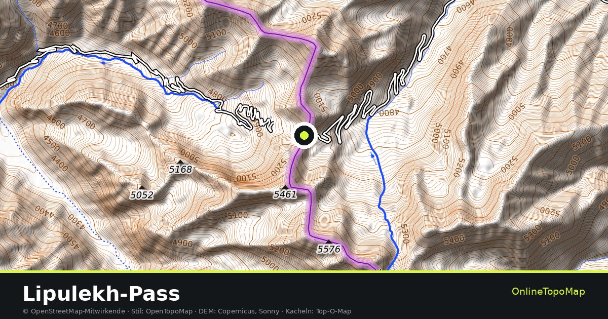 Topographische Karte von Lipulekh-Pass mit Höhenlinien und Geländeschattierung