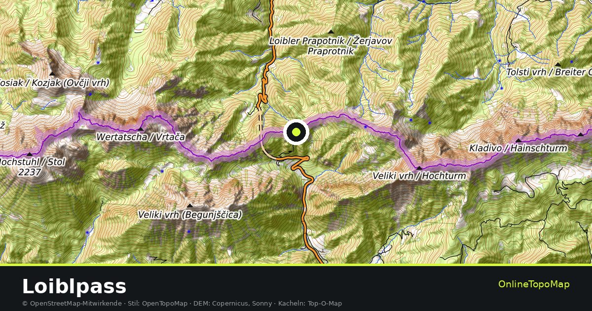 Topographische Karte von Loiblpass mit Höhenlinien und Geländeschattierung