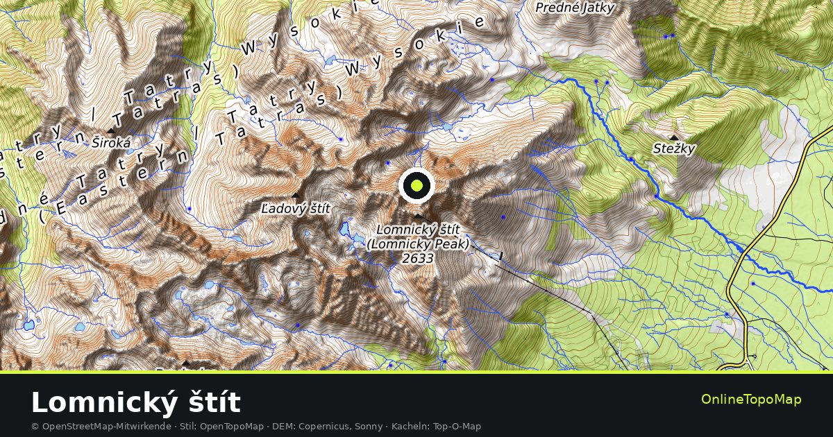 Topographische Karte von Lomnický štít mit Höhenlinien und Geländeschattierung