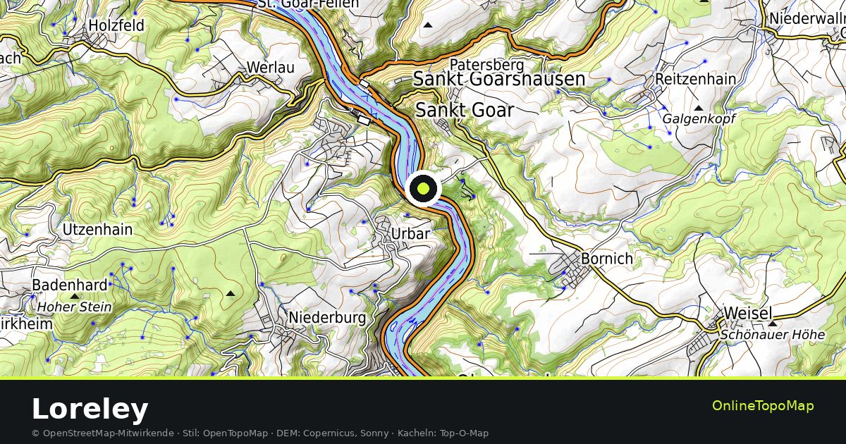 Topographische Karte von Loreley mit Höhenlinien und Geländeschattierung