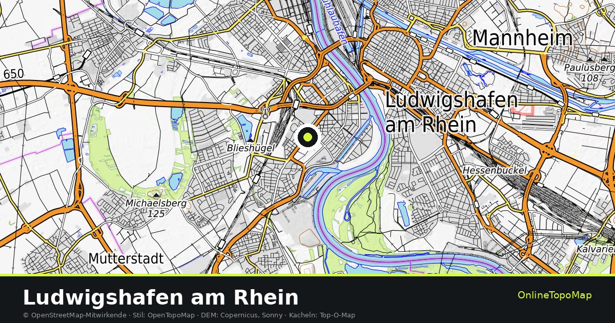 Topographische Karte von Ludwigshafen am Rhein mit Höhenlinien und Geländeschattierung