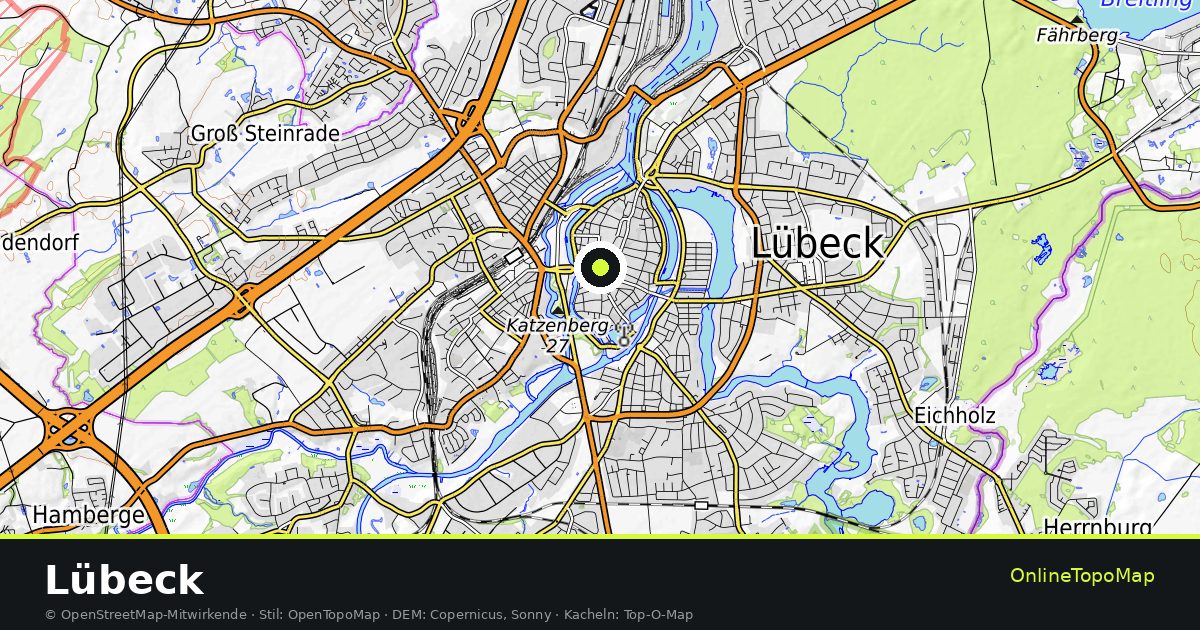 Topographische Karte von Lübeck mit Höhenlinien und Geländeschattierung
