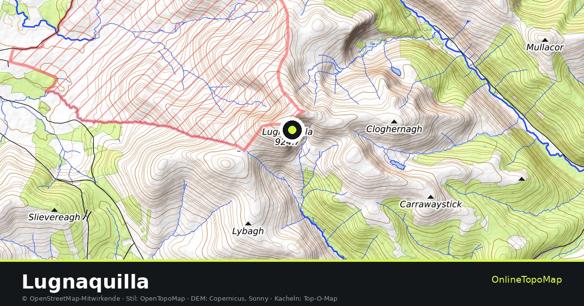 Topographische Karte von Lugnaquilla mit Höhenlinien und Geländeschattierung