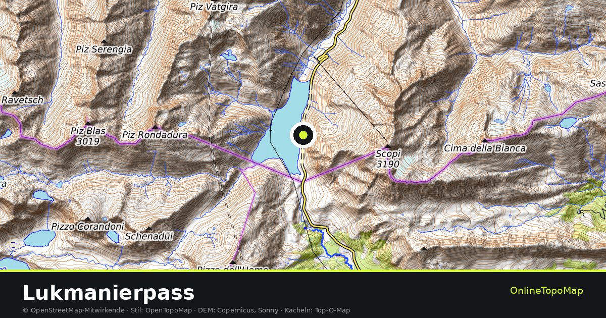 Topographische Karte von Lukmanierpass mit Höhenlinien und Geländeschattierung