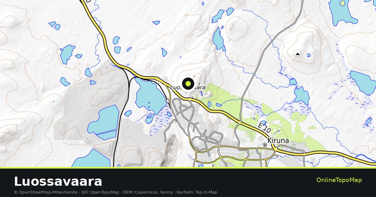 Topographische Karte von Luossavaara mit Höhenlinien und Geländeschattierung