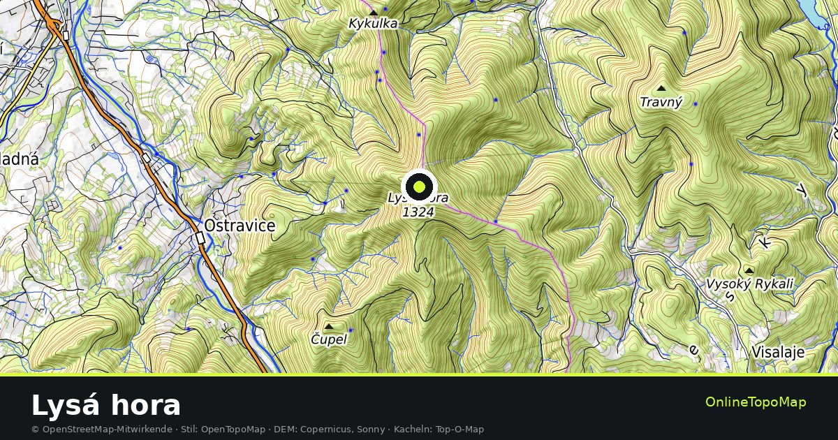 Topographische Karte von Lysá hora mit Höhenlinien und Geländeschattierung