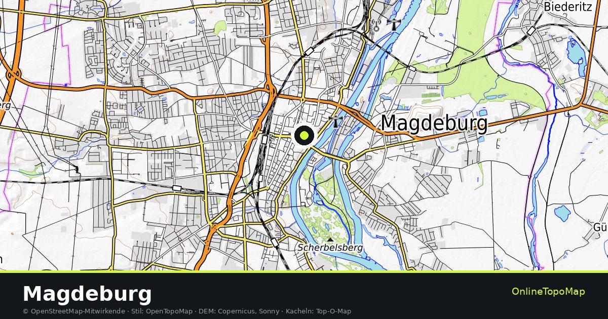 Topographische Karte von Magdeburg mit Höhenlinien und Geländeschattierung