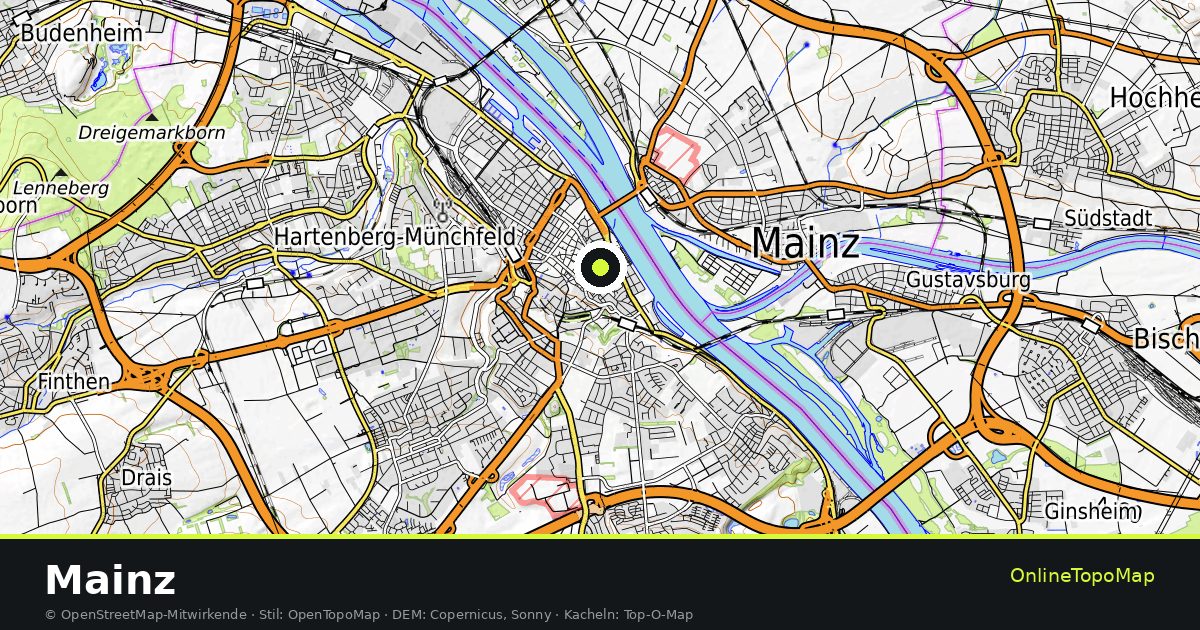 Topographische Karte von Mainz mit Höhenlinien und Geländeschattierung