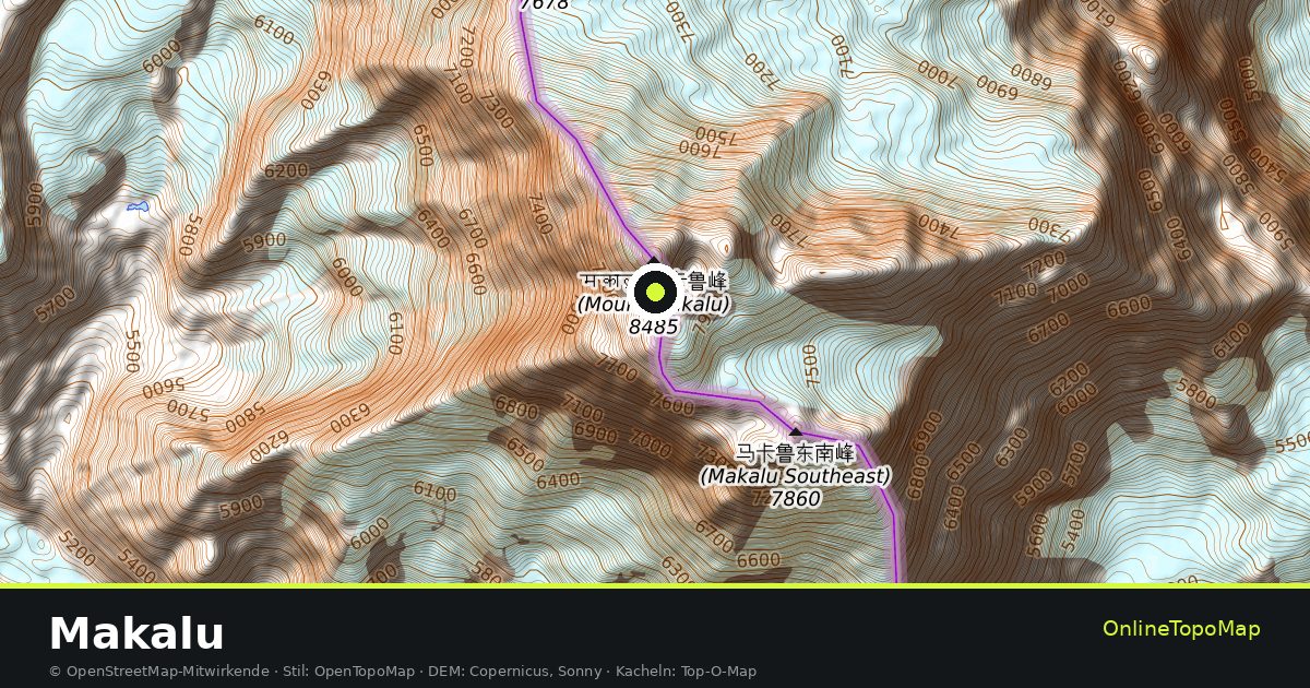 Topographische Karte von Makalu mit Höhenlinien und Geländeschattierung