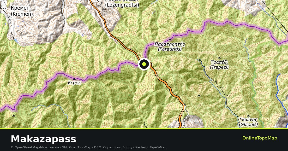 Topographische Karte von Makazapass mit Höhenlinien und Geländeschattierung