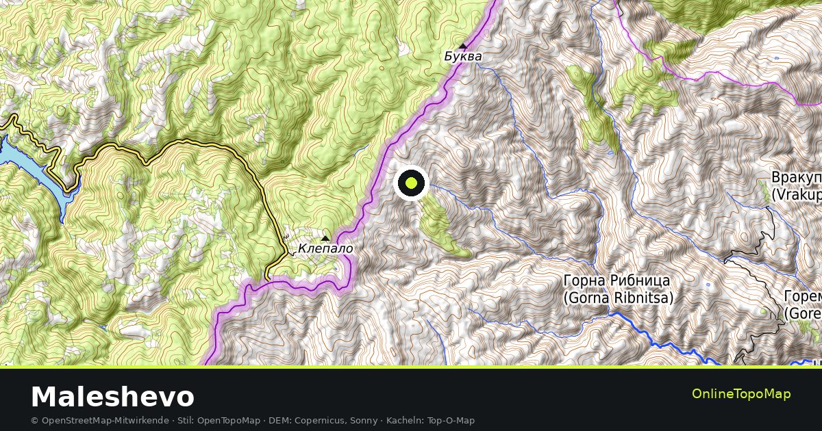 Topographische Karte von Maleshevo mit Höhenlinien und Geländeschattierung