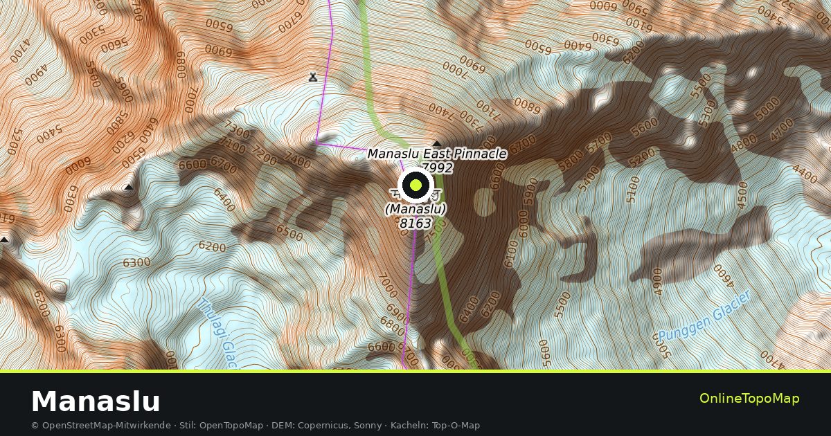 Topographische Karte von Manaslu mit Höhenlinien und Geländeschattierung