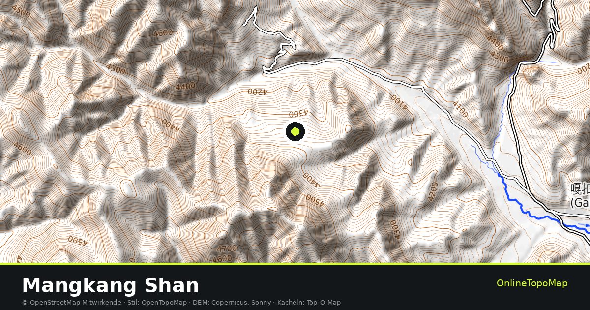 Topographische Karte von Mangkang Shan mit Höhenlinien und Geländeschattierung