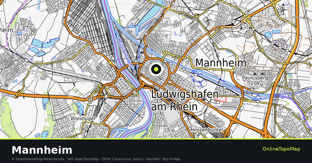 Topographische Karte von Mannheim mit Höhenlinien und Geländeschattierung