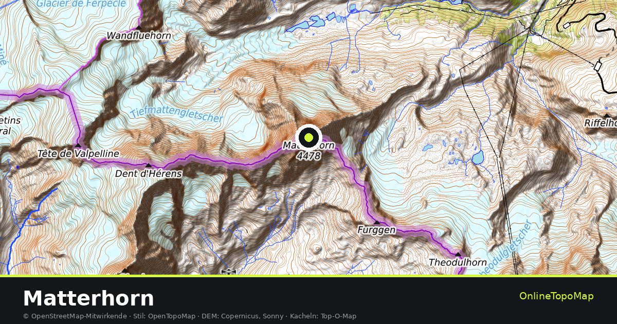 Topographische Karte von Matterhorn mit Höhenlinien und Geländeschattierung