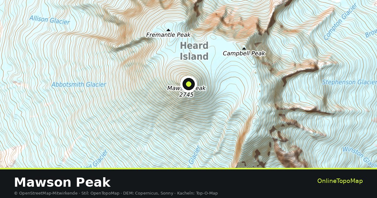 Topographische Karte von Mawson Peak mit Höhenlinien und Geländeschattierung