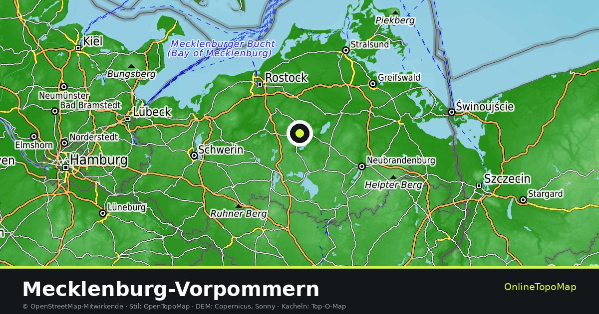 Topographische Karte von Mecklenburg-Vorpommern mit Höhenlinien und Geländeschattierung