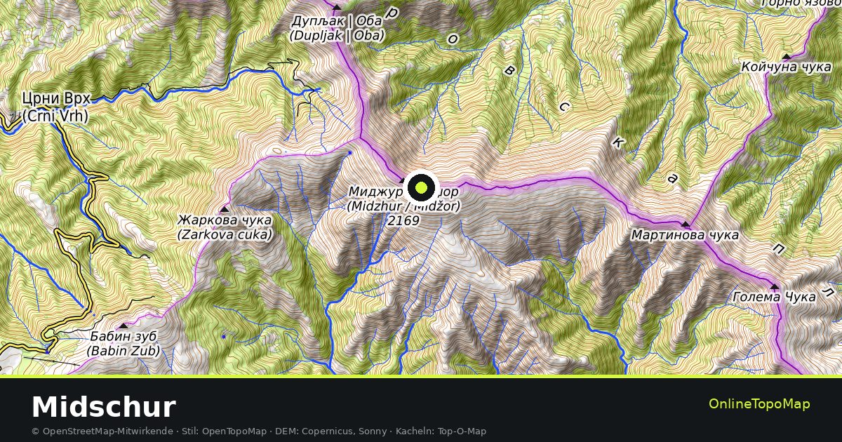 Topographische Karte von Midschur mit Höhenlinien und Geländeschattierung