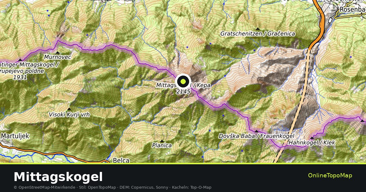 Topographische Karte von Mittagskogel mit Höhenlinien und Geländeschattierung